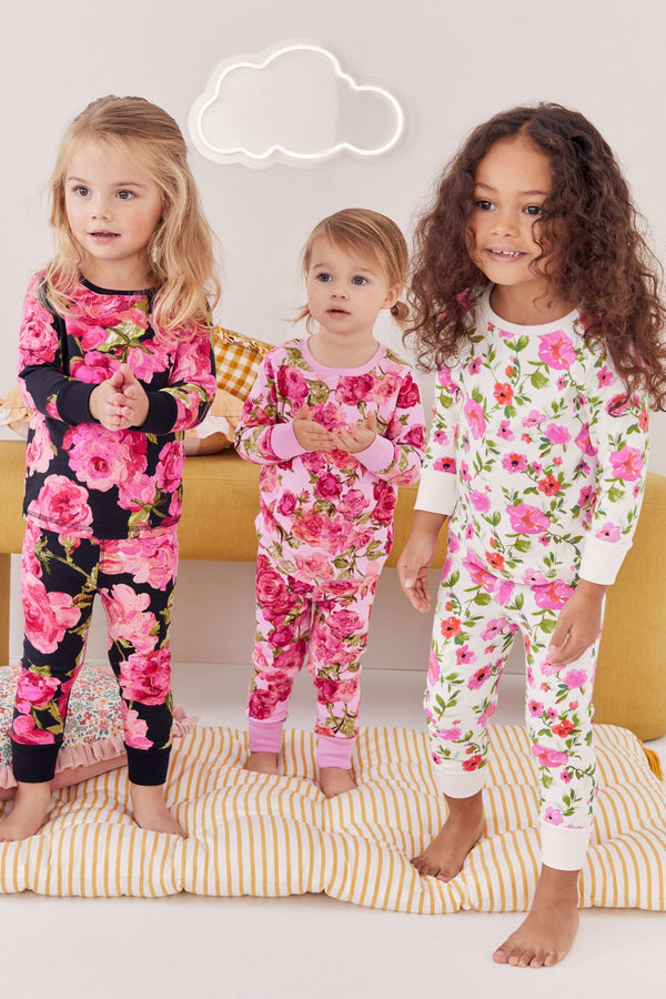 Pink/Black 100% Cotton Floral Snuggle Pyjamas 3 Pack (9mths-16yrs)