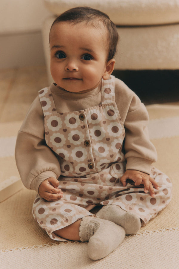 Tan Brown/Cream Floral Baby Dungarees and Bodysuit Set (0mths-3yrs)