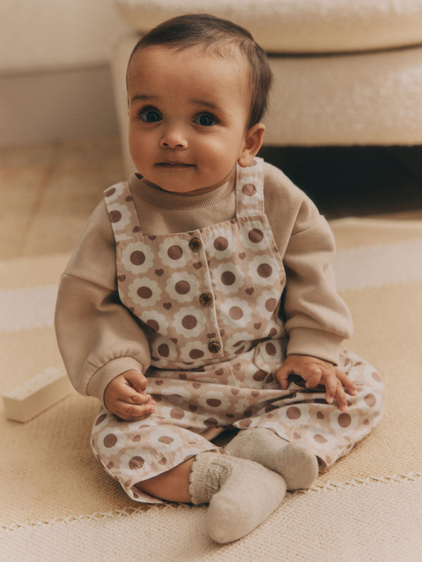 Tan Brown/Cream Floral Baby Dungarees and Bodysuit Set (0mths-2yrs)