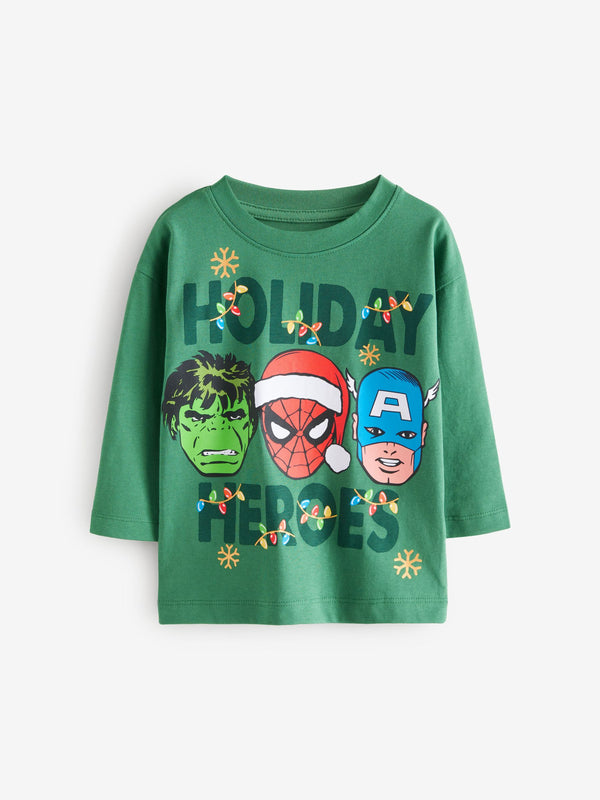 Green 100% Cotton Long Sleeve Marvel Christmas T-Shirt (3mths-8yrs)