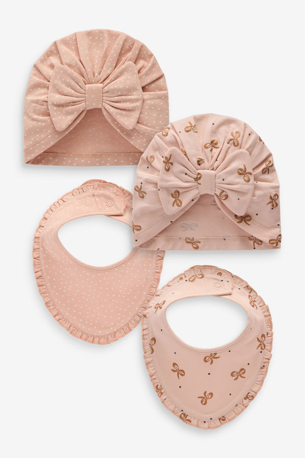 Pink Baby Bow Turban and Bib Set 4 Pack (0-18mths)