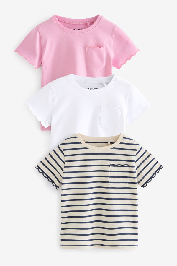 Pink/White/Stripe 100% Cotton Short Sleeve Cotton Scallop Edge T-Shirts 3 Pack (3mths-7yrs)