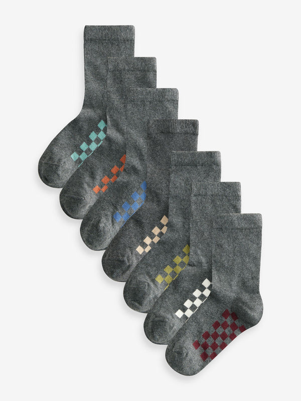 Grey Checkerboard Cotton Rich Socks 7 Pack