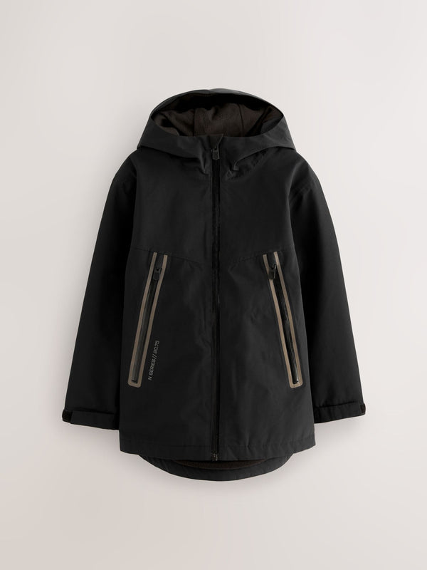 Black Waterproof Fleece Lined Hooded Jacket (3-17yrs)
