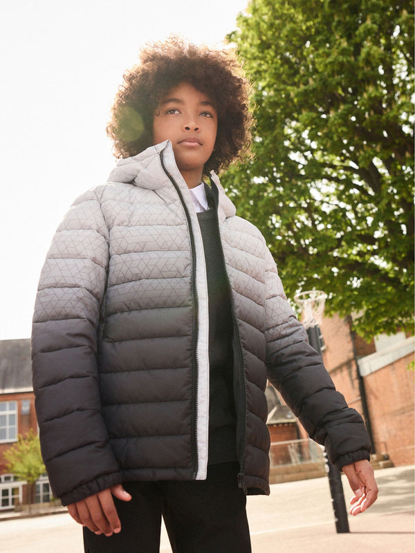 Grey/Black Quilted Midweight Hooded Jacket (3-17yrs)
