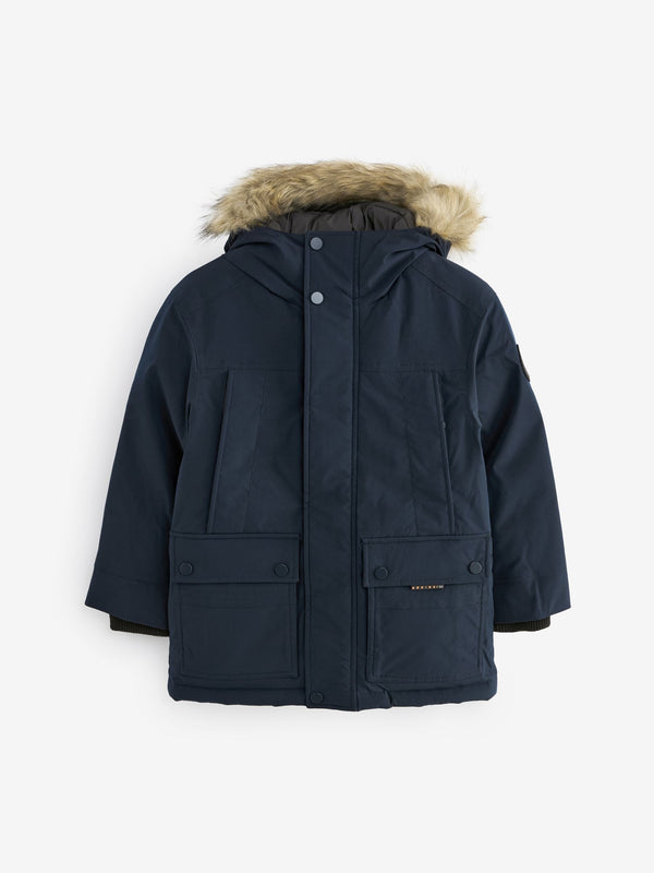 Navy Blue Faux Fur Trim Hooded Padded Parka Coat (3-16yrs)