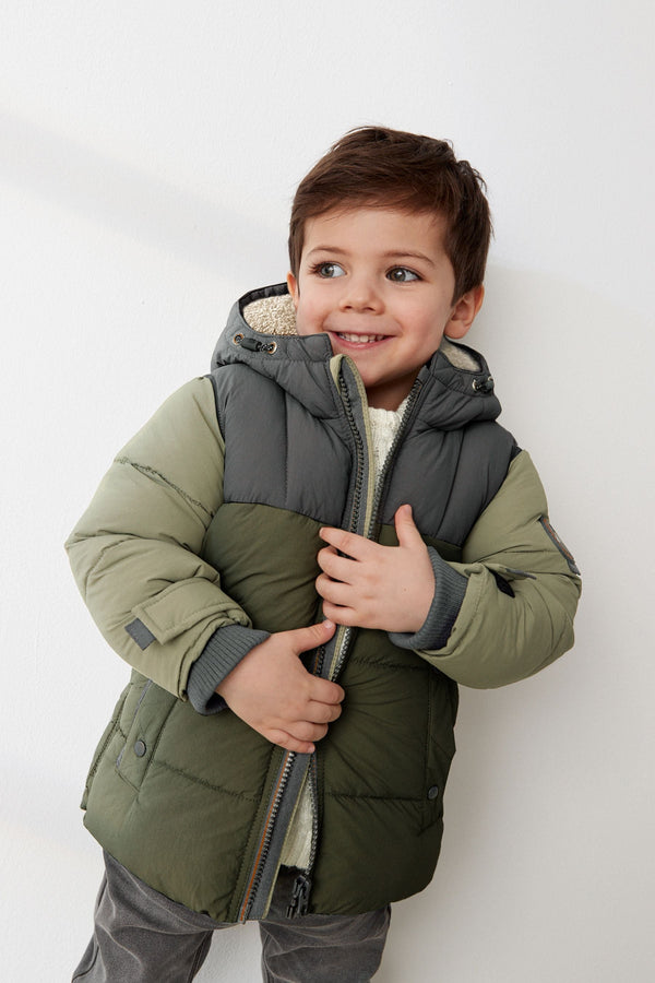 Green Colourblock Borg Lined Padded Coat (3mths-7yrs)