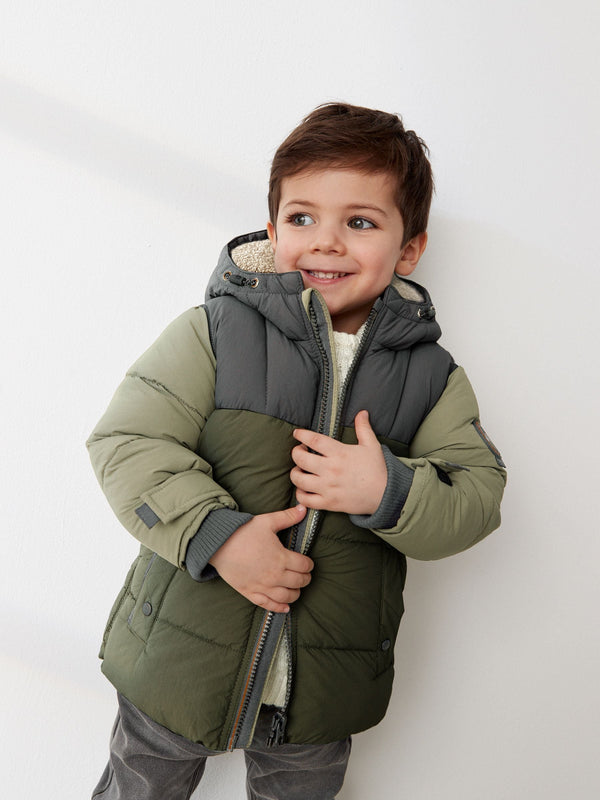 Green Colourblock Borg Fleece Lined Shower Resistant Hooded Padded Coat (3mths-7yrs)