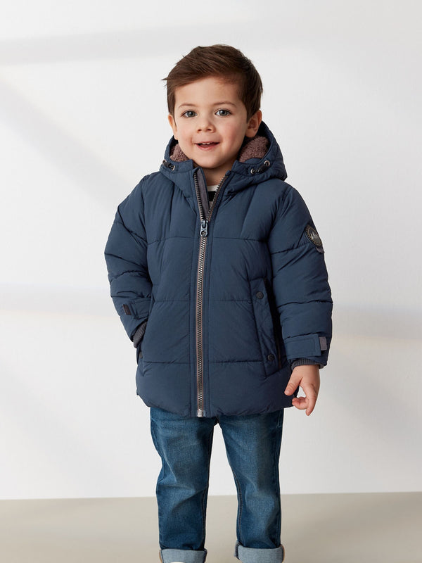 Navy Borg Fleece Lined Shower Resistant Hooded Padded Coat (3mths-7yrs)