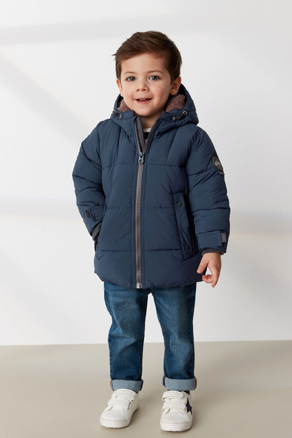 Navy Borg Lined Shower Resistant Hooded Padded Coat (3mths-7yrs)