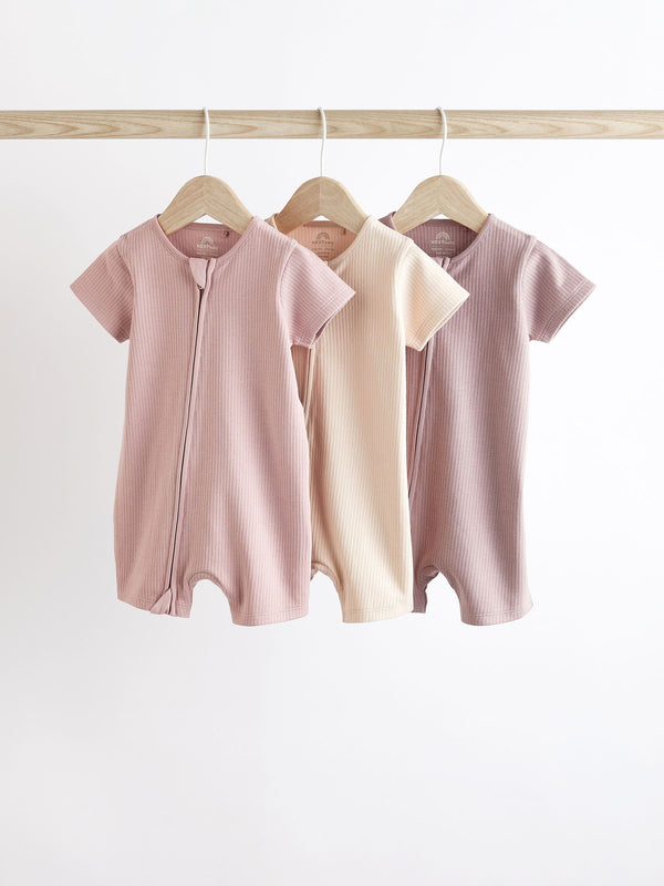 Pale Pink Baby Two Way Zip 100% Cotton Rompers 3 Pack (0mths-3yrs)