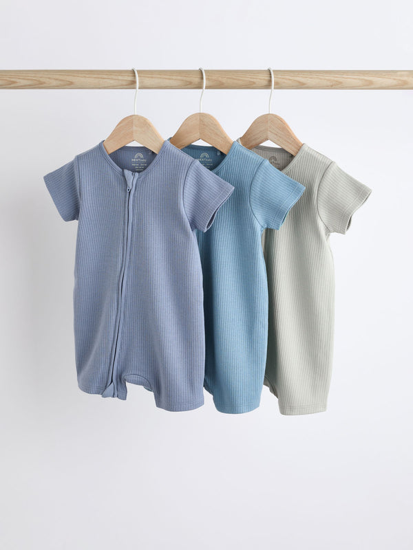 Blue Baby Two Way Zip 100% Cotton Rompers 3 Pack (0-3yrs)