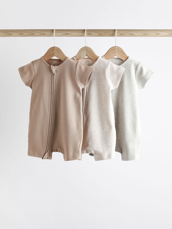 Neutral 3 Pack Two Way Zip Baby 100% Cotton Rompers (0mths-3yrs)