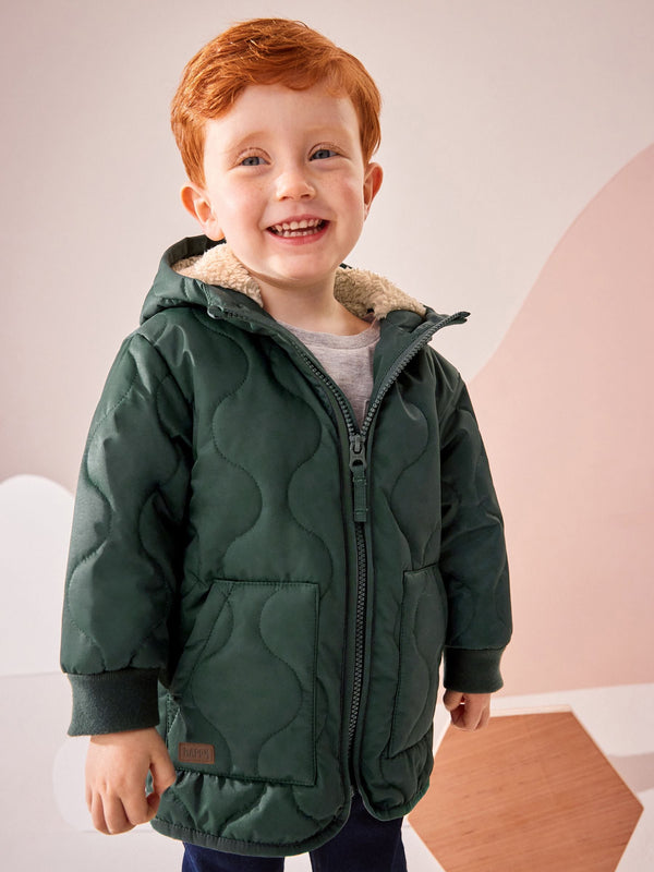 Green Quilted Borg Fleece Lined Shower Resistant Coat (3mths-7yrs)