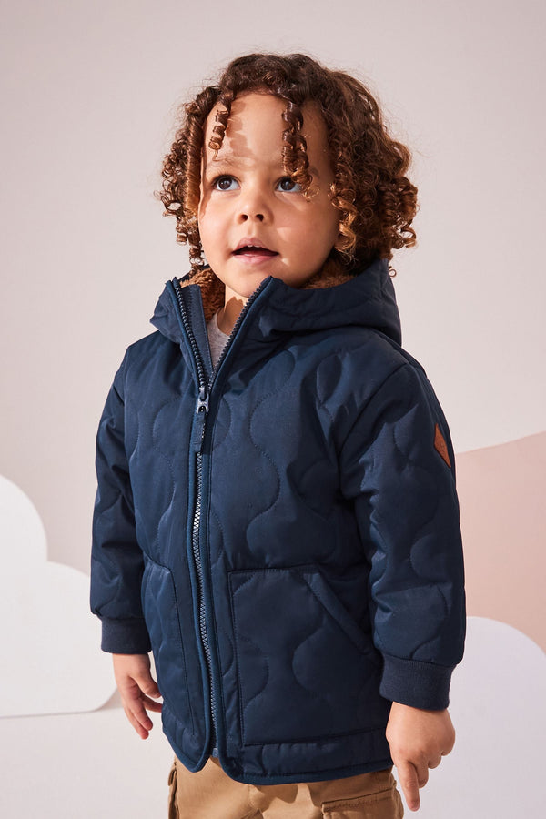 Navy Blue Quilted Borg Fleece Lined Coat (3mths-7yrs)