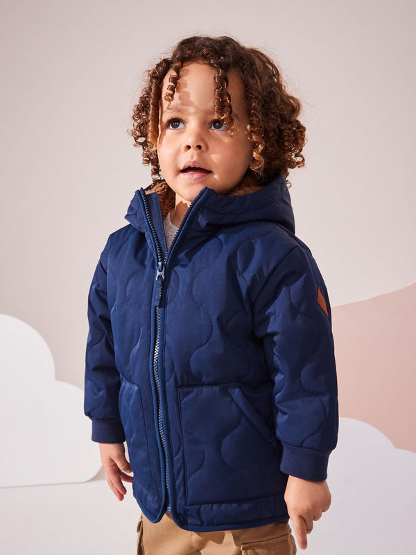 Navy Blue Quilted Borg Fleece Lined Shower Resistant Coat (3mths-7yrs)