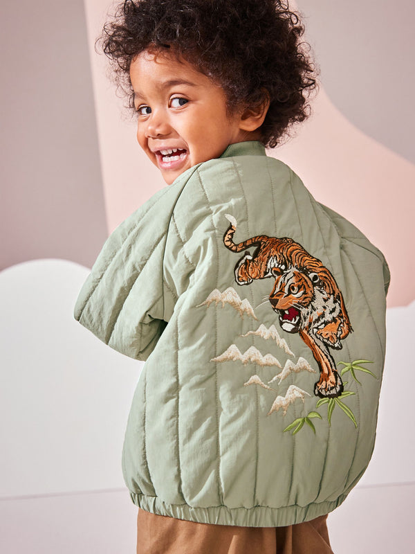 Sage Green Quilt Embroidered Bomber Jacket (3mths-7yrs)