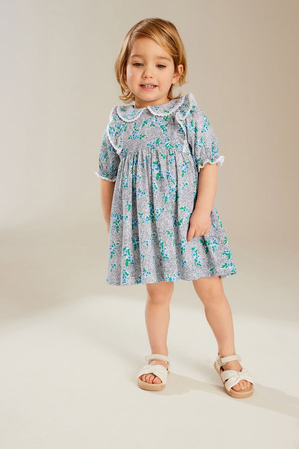 Blue 100% Cotton Short Sleeve Collar Dress (3mths-7yrs)