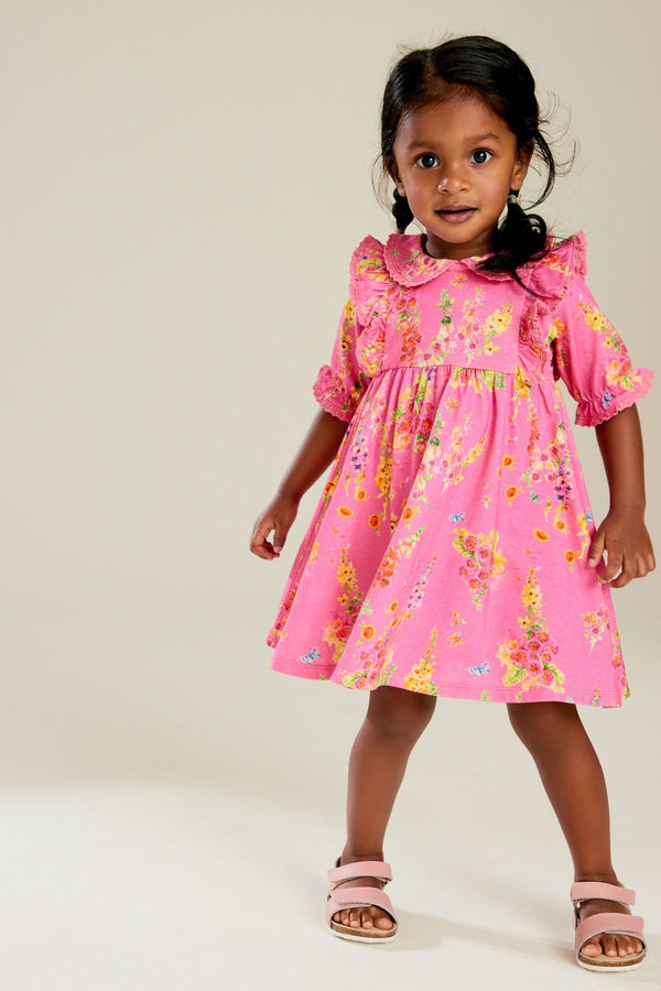 Bright Pink 100% Cotton Short Sleeve Collar Dress (3mths-7yrs)