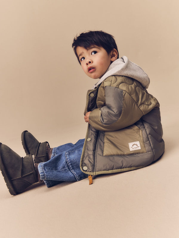Khaki Green Onion Quilt Jacket with Removable Hood (3mths-7yrs)