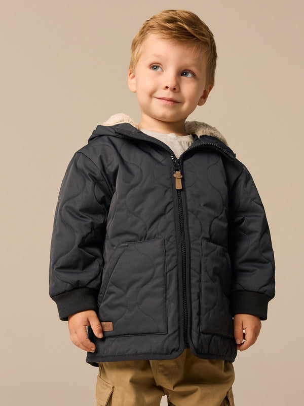 Black Quilted Borg Fleece Lined Shower Resistant Coat (3mths-7yrs)