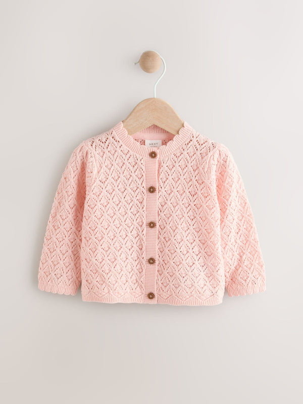 Pink Pointelle Baby Knitted 100% Cotton Cardigan (0mths-2yrs)