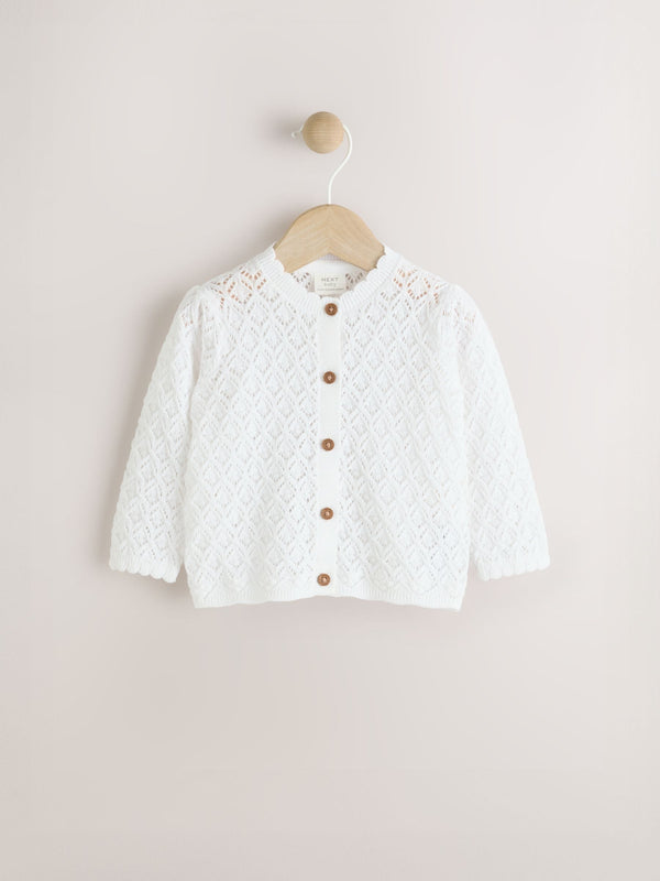White Pointelle Baby Knitted 100% Cotton Cardigan (0mths-2yrs)