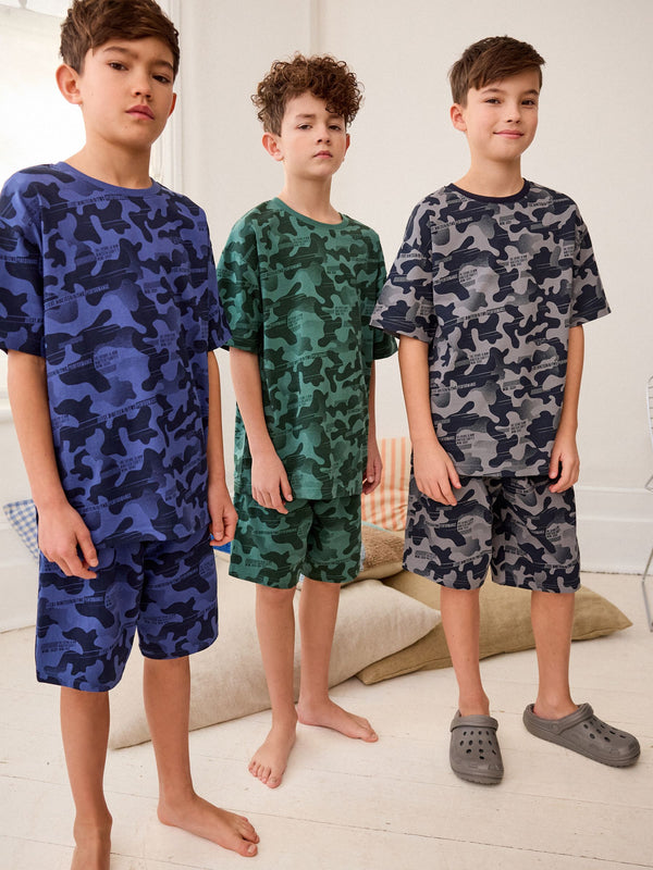 Blue/Grey/Green Camouflage Short Pyjamas 3 Pack (3-16yrs)