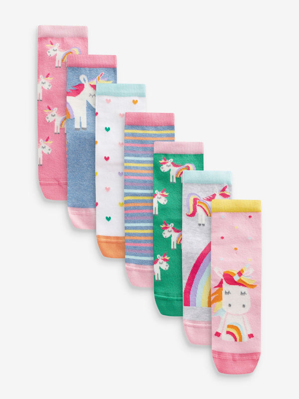 Pink, Green and blue 7 Pack Cotton Rich Unicorn Ankle Socks
