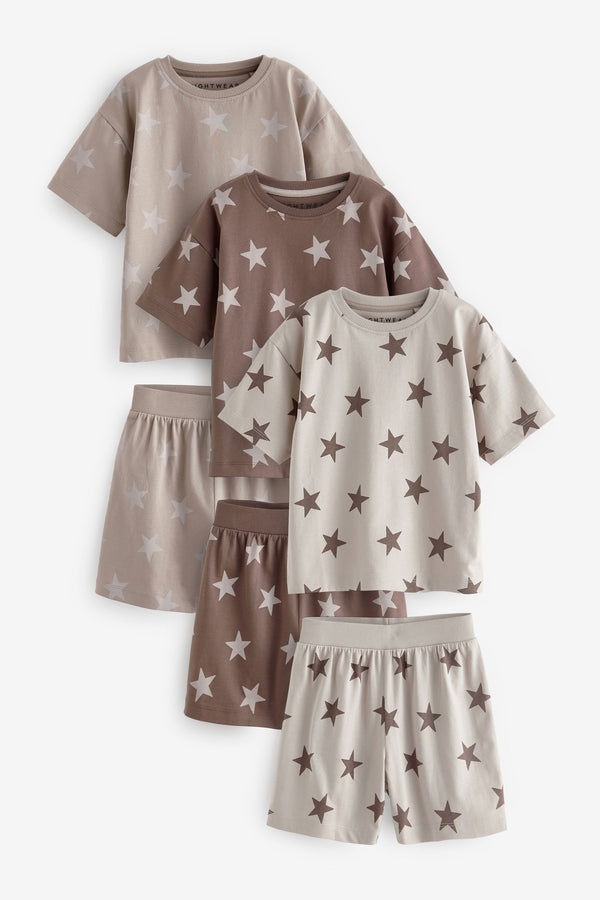 Brown/Cream Stars Short Pyjamas 3 Pack (9mths-12yrs)