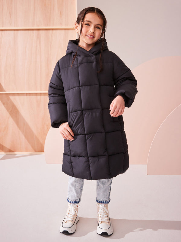 Black Shower Resistant Faux Fur Lined Hooded Padded Coat (3-16yrs)