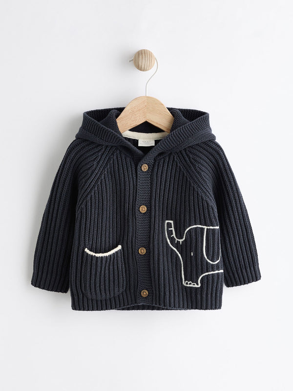 Navy Elephant Embroidered Baby 100% Cotton Knitted Cardigan (0mths-2yrs)