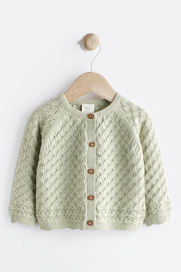 Sage Green Baby Pointelle 100% Cotton Knitted Cardigan (0mths-2yrs)