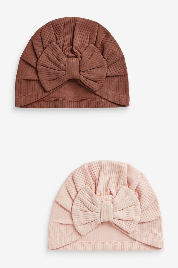 Pink/Rust Baby Bow Turban 100% Cotton Hats 2 Pack (0mths-2yrs)