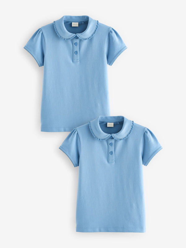 Blue 2 Pack Cotton Stretch Frill Collar School Polo Tops (3-16yrs)