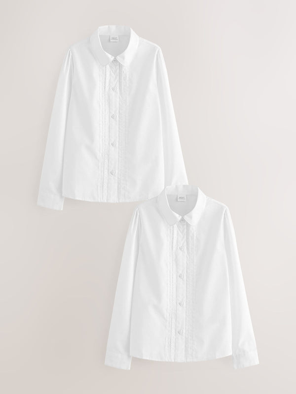 White Long Sleeve Lace Trim School Blouses 2 Pack (3-14yrs)