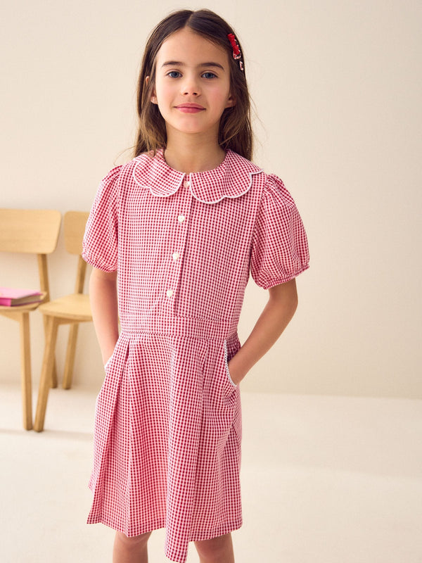 Red Cotton Rich Scalloped Collar Gingham School Dress (3-14yrs)