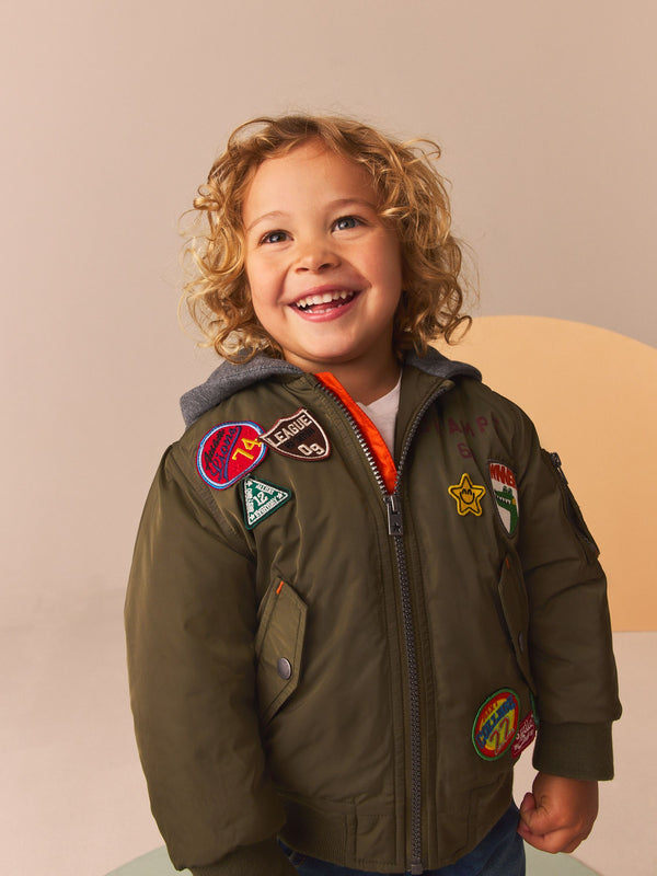 Khaki Green Badged Bomber Jacket with Jersey Hood (3mths-7yrs)