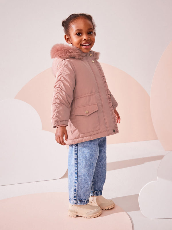 Pink Shower Resistant Frill Pocket Parka Coat (3mths-7yrs)