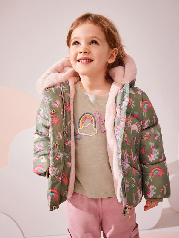 Khaki Unicorn Shower Resistant Faux Fur Lined Hooded Padded Coat (3mths-7yrs)