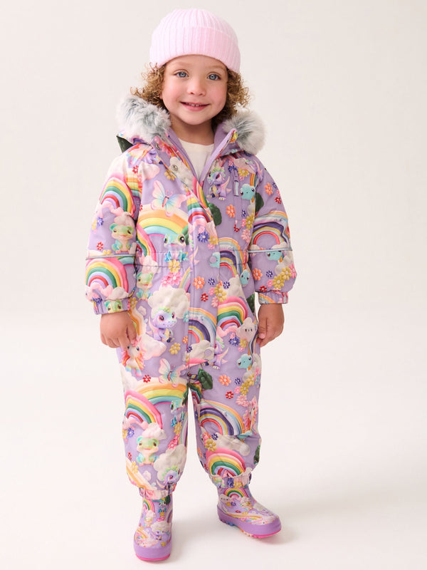 Purple Unicorn Waterproof Faux Fur Trim Printed Snowsuit (3mths-7yrs)