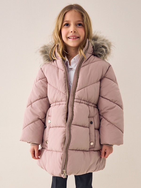 Toffee Pink Shower Resistant Faux Fur Trim Padded Coat (3-16yrs)
