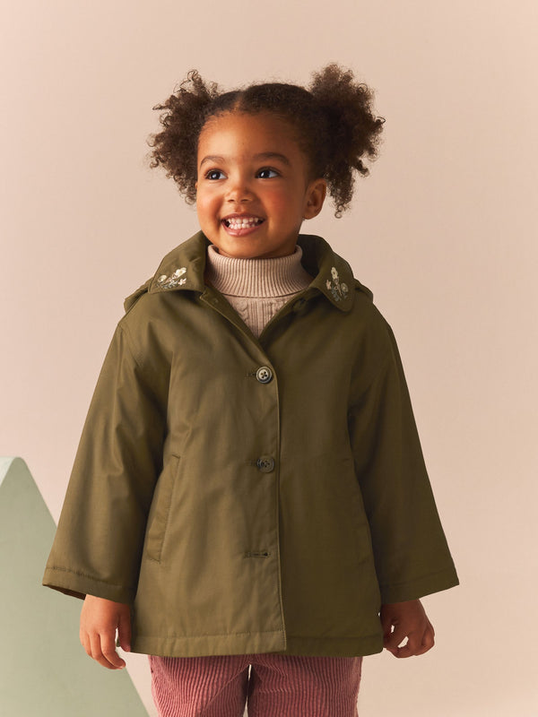 Khaki Green Embroidered Collar Shower Resistant Wadded Coat (3mths-7yrs)