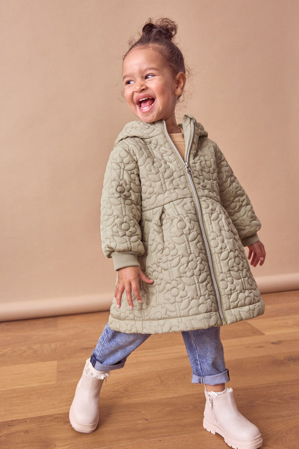 Sage Green Flower Hooded Shower Resistant Fur Lined Quilted Coat (3mths-7yrs)