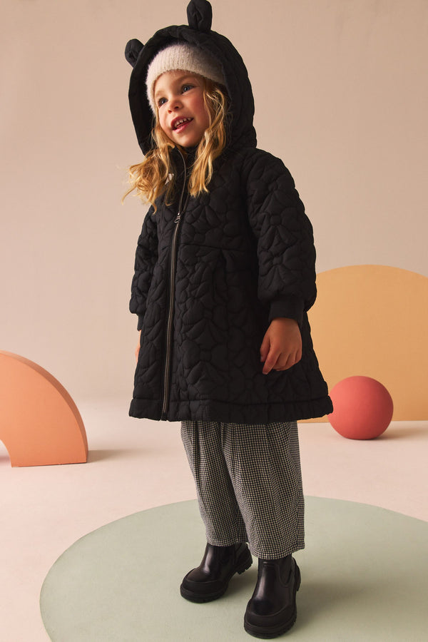 Black Bow Hooded Shower Resistant Fur Lined Quilted Coat (3mths-7yrs)