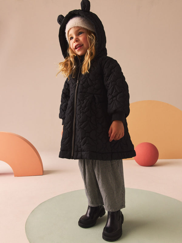 Black Bow Hooded Shower Resistant Lined Quilted Coat (3mths-7yrs)