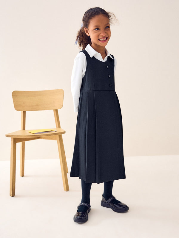 Navy Blue Asymmetric Button Front Long Pinafore School Dress (3-14yrs)