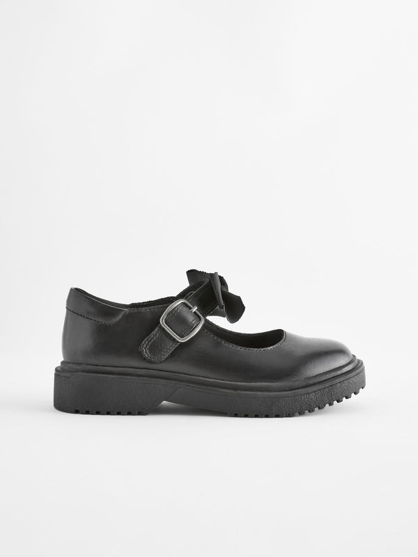 Matt Black Standard Fit (F) Leather Bow Chunky Mary Jane School Shoes