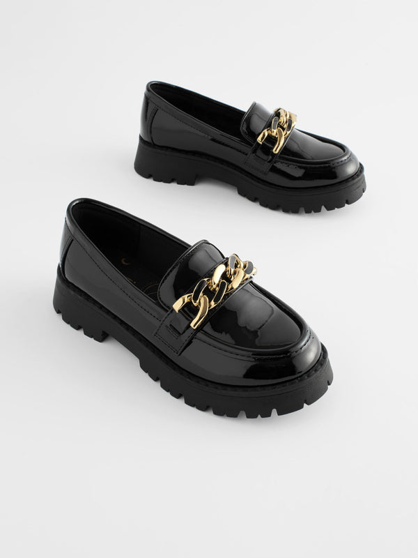 Black Patent Chunky Chain Loafer School Shoes