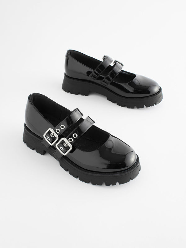 Black Patent Chunky Double Buckle Mary Jane School Shoes